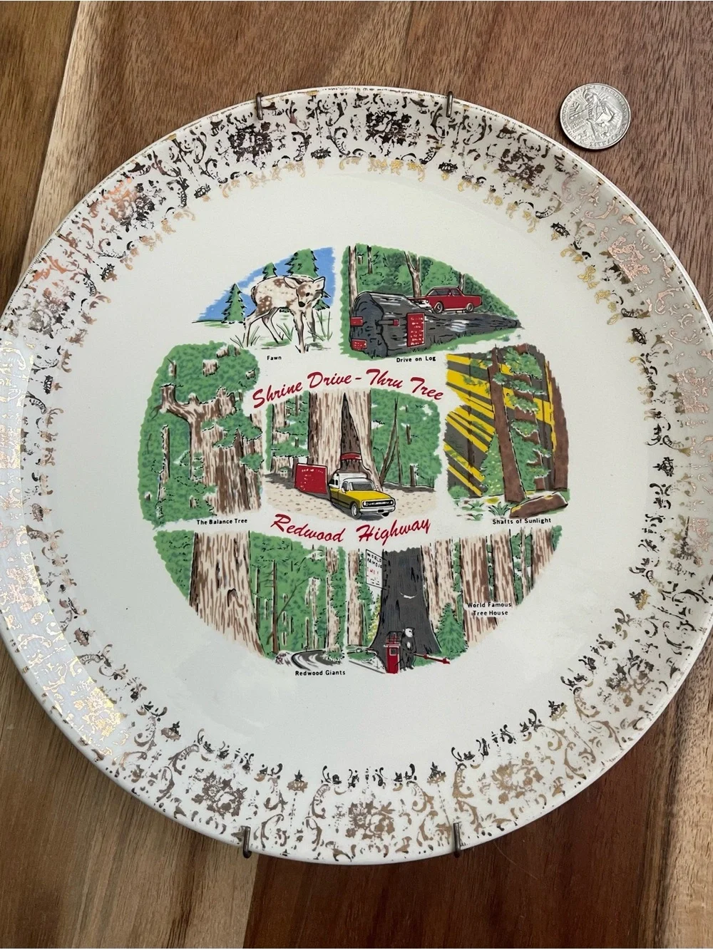 Redwood Highway Scenic Decorative Plate - Cream with Green and Red Accents MCM